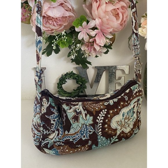 Vintage Vera Bradley Java Blue Tote Bag Purse Shoulder Paisley Brown Zip Closure - Picture 2 of 16